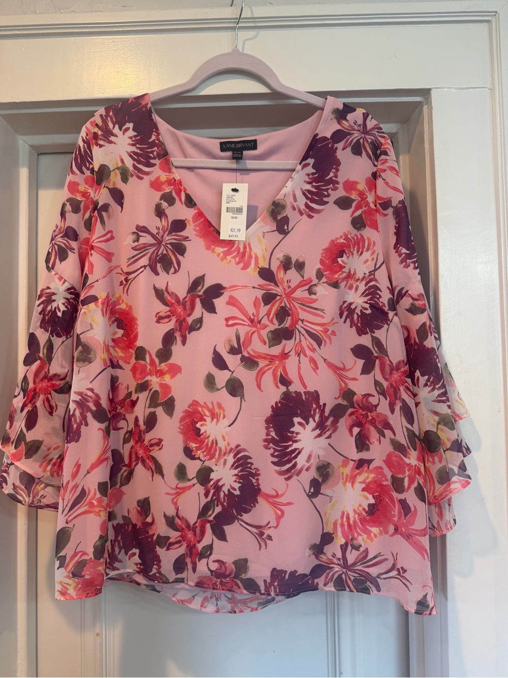 Lane Bryant Pink Floral V-Neck Flowy Blouse 18/20